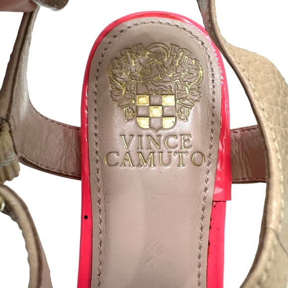 VINCE CAMUTO BEIGE & HOT PINK NOVASI BLOCK HEEL T STRAP SANDAL - Picture 6 of 16